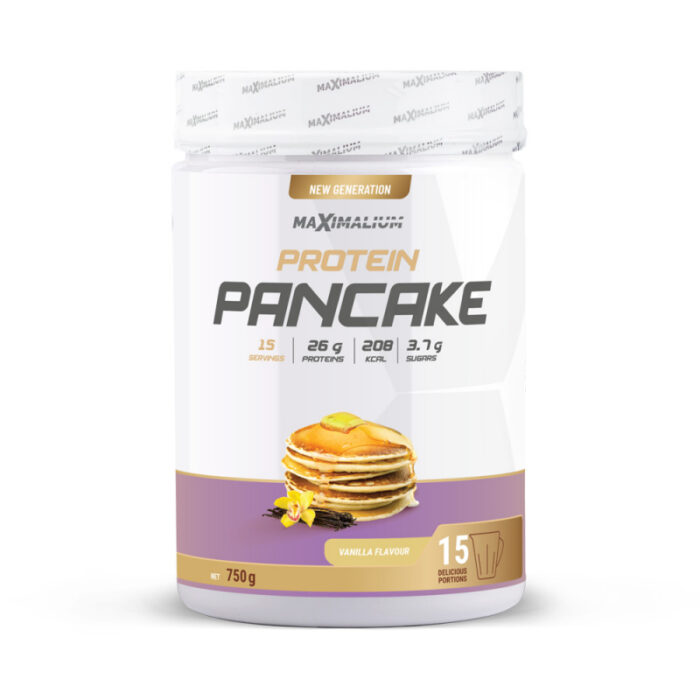 Na slici se nalazi pakiranje od 750g Protein Pancake u bijeloj kutiji sa ljubičastom etiketom